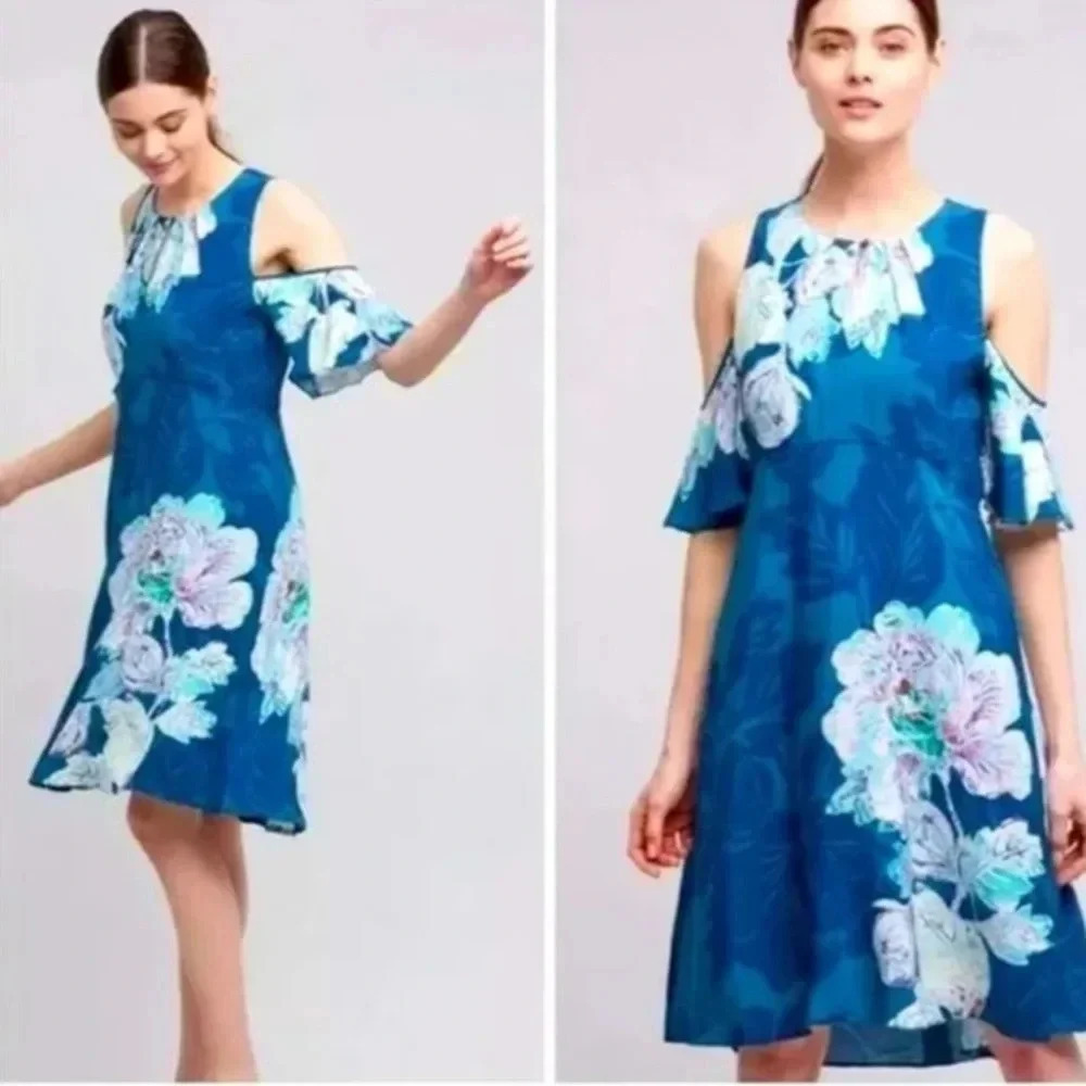 🎈4 LISTINGS FOR $20 Maeve Elie Cold Shoulder Tropical blue cornflower Dress Sz 8